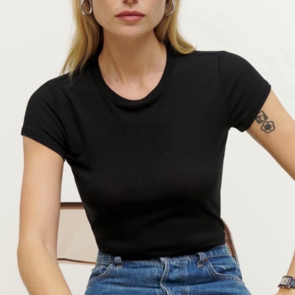 Reformation Ribbed Slim Tee Black Baby Knit Cotton Top Shirt